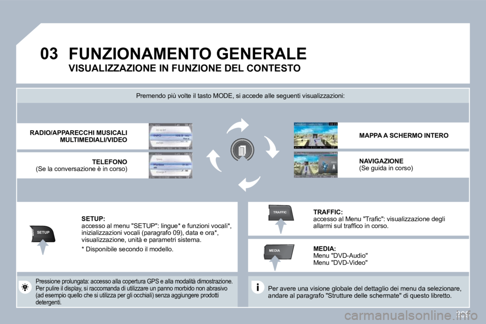 PEUGEOT 3008 2010  Manuale duso (in Italian) 209
�0�3
SETUP
MEDIA
TRAFFIC
 FUNZIONAMENTO GENERALE 
  Per avere una visione globale del dettaglio dei menu da selezionare, andare al paragrafo "Strutture delle schermate" di  questo libretto.   
 Pr