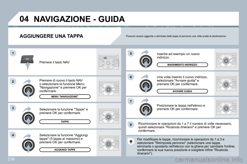 PEUGEOT 3008 2010  Manuale duso (in Italian) 216
NAV
�5
�6
�7
�1
�2
3
�4
�8
�0�4
  AGGIUNGERE UNA TAPPA 
 Inserire ad esempio un nuovo indirizzo. 
 Una volta inserito il nuovo indirizzo, selezionare "Avviare guida" e premere OK per confermare. 
