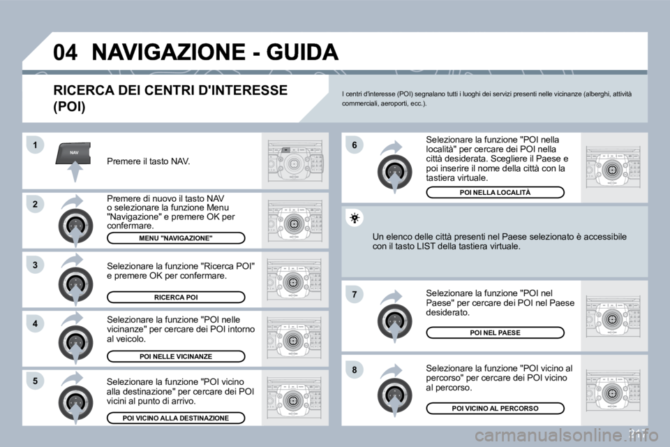 PEUGEOT 3008 2010  Manuale duso (in Italian) 217
NAV
�0�4
�1
�2
3
�4
�7
�8�5
�6
  RICERCA DEI CENTRI DINTERESSE 
(POI) 
� � �P�r�e�m�e�r�e� �i�l� �t�a�s�t�o� �N�A�V�.� � 
� � �P�r�e�m�e�r�e� �d�i� �n�u�o�v�o� �i�l� �t�a�s�t�o� �N�A�V� o selezio