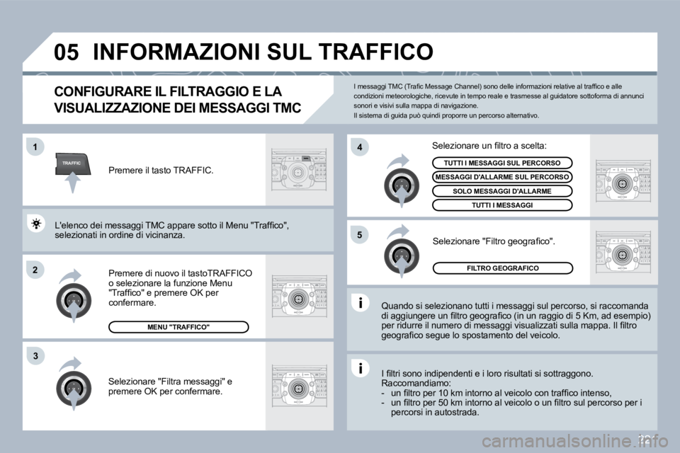 PEUGEOT 3008 2010  Manuale duso (in Italian) 221
TRAFFIC
�0�5
�1
�2
�4
�5
3
 INFORMAZIONI SUL TRAFFICO 
CONFIGURARE IL FILTRAGGIO E LA 
VISUALIZZAZIONE DEI MESSAGGI TMC 
  Quando si selezionano tutti i messaggi sul percorso, si raccomanda �d�i� 