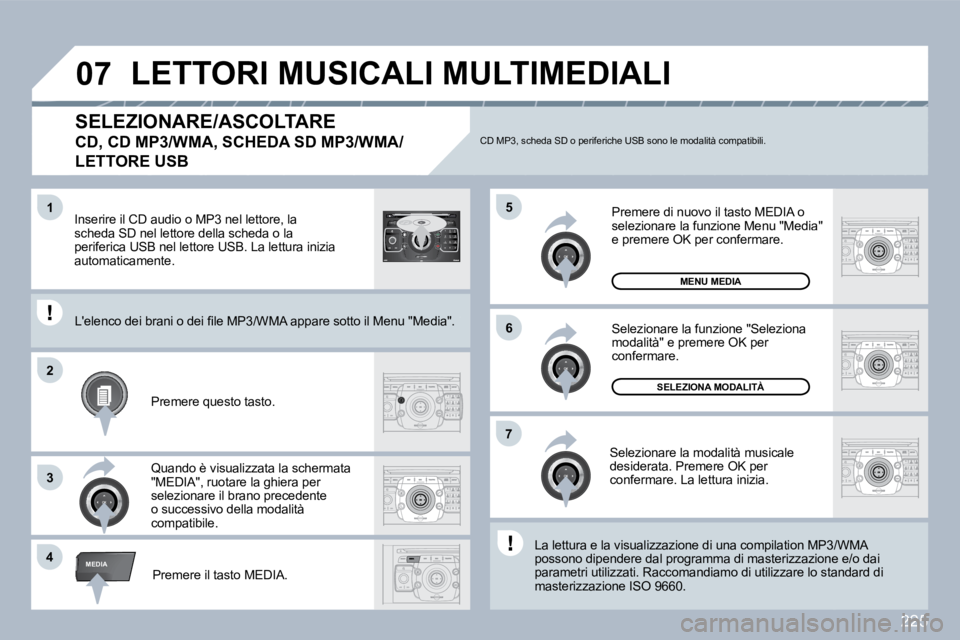 PEUGEOT 3008 2010  Manuale duso (in Italian) 225
�4
�5
�6
�2
�7
3
�1
MEDIA
�0�7
2
ABC 3
DEF
5
JKL
4
GHI 6
MNO
8
TUV
7
PQRS 9
WXYZ
0
* #
1
RADIO MEDIA
NAV ESC TRAFFIC
SETUP
ADDRBOOK
  SELEZIONARE/ASCOLTARE  
�C�D�,� �C�D� �M�P�3�/�W�M�A�,� �S�C�H