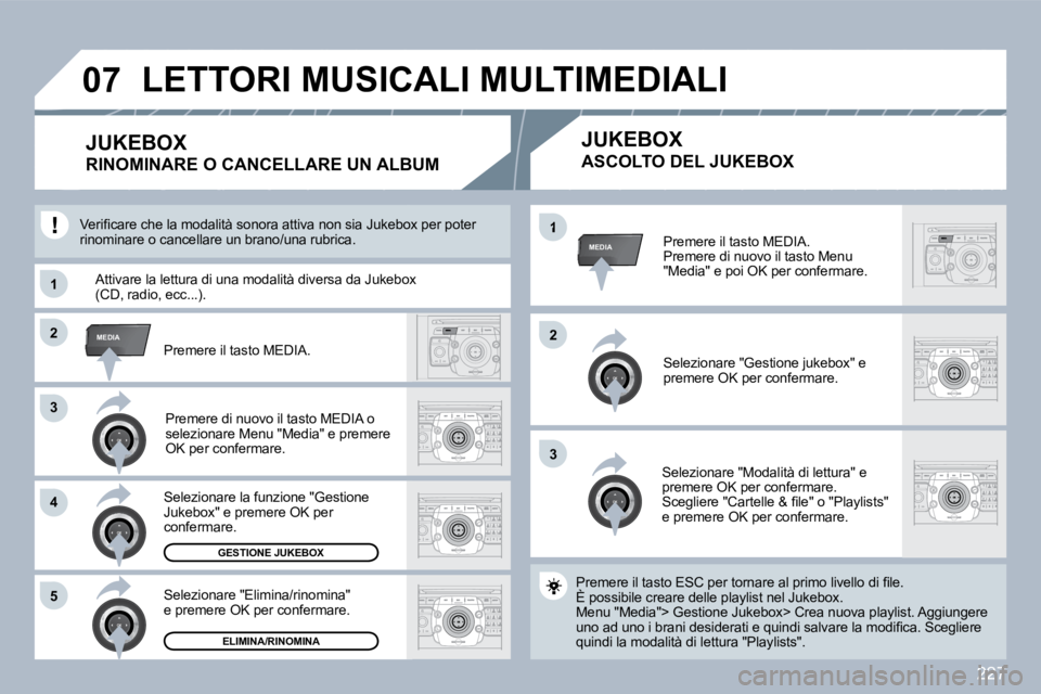 PEUGEOT 3008 2010  Manuale duso (in Italian) 227
33
�2�2MEDIA
33
�4�4
�5�5
�2�2
MEDIA�1
�1�1
�0�7
  Premere il tasto MEDIA.  Premere di nuovo il tasto Menu "Media" e poi OK per confermare.  
  Selezionare "Gestione jukebox" e premere OK per conf