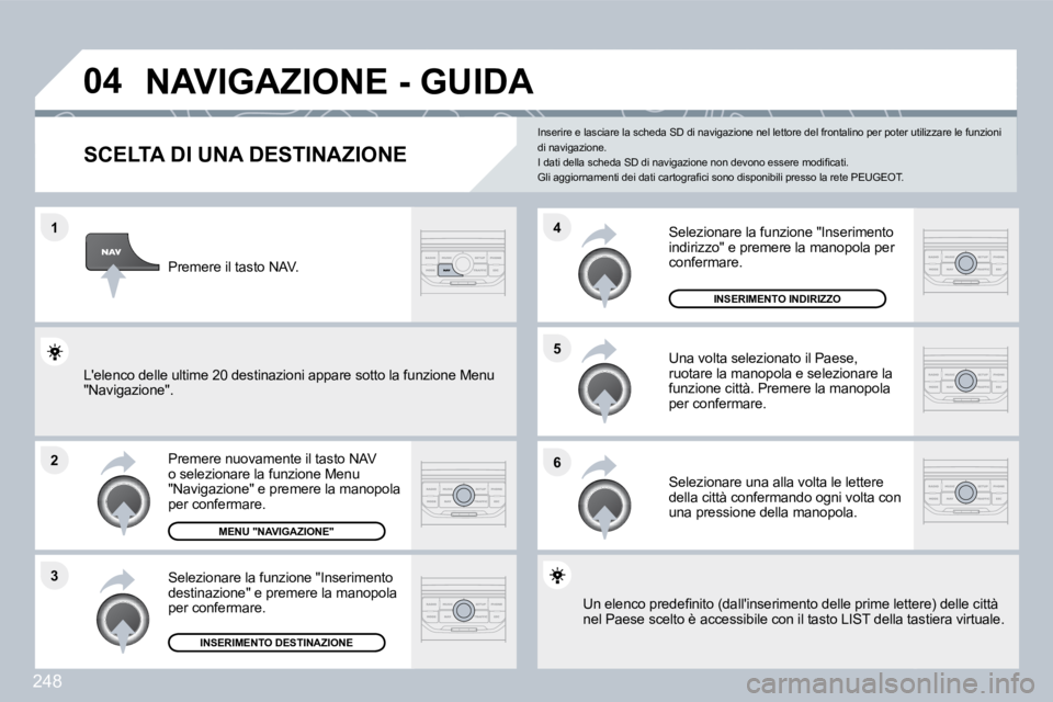 PEUGEOT 3008 2010  Manuale duso (in Italian) 248
�1
�2
�3
�5 
�6
�4
�0�4� �N�A�V�I�G�A�Z�I�O�N�E� �-� �G�U�I�D�A� 
�S�C�E�L�T�A� �D�I� �U�N�A� �D�E�S�T�I�N�A�Z�I�O�N�E� 
  Premere nuovamente il tasto NAV o selezionare la funzione Menu "Navigazio