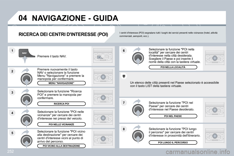PEUGEOT 3008 2010  Manuale duso (in Italian) 252
�8
�6 
�7
�4
�3
�5
�2
�1
�0�4� �N�A�V�I�G�A�Z�I�O�N�E� �-� �G�U�I�D�A� 
� � �R�I�C�E�R�C�A� �D�E�I� �C�E�N�T�R�I� �D�'�I�N�T�E�R�E�S�S�E� �(�P�O�I�)� 
  Premere il tasto NAV.  
  Premere nuova