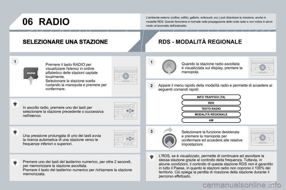 PEUGEOT 3008 2010  Manuale duso (in Italian) 257
�3
�2
�1
�1
�0�6
  Quando la stazione radio ascoltata è visualizzata sul display, premere la manopola.  
  Appare il menu rapido della modalità radio e perm
ette dette di accedere ai seguenti co