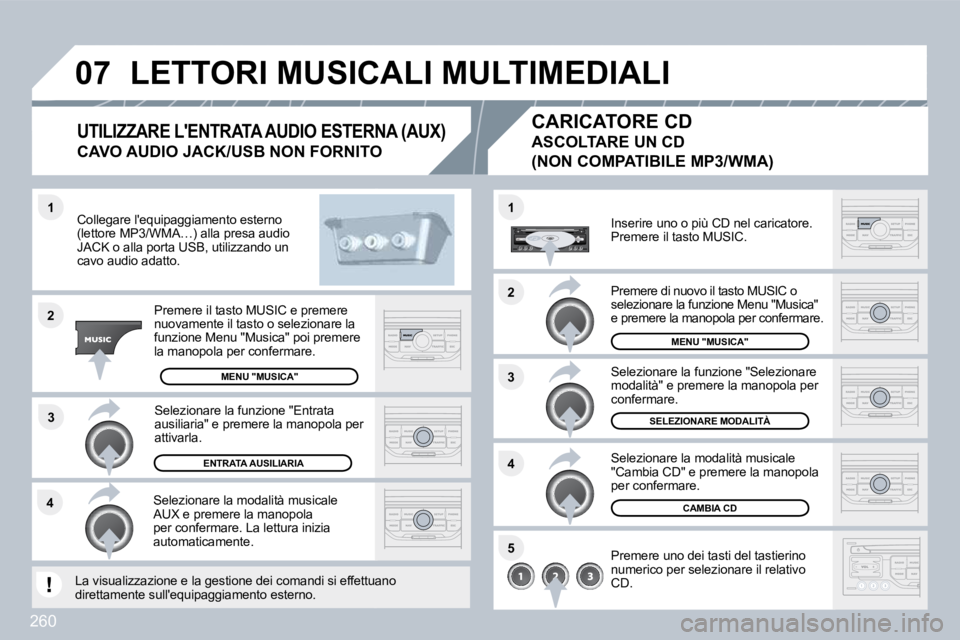 PEUGEOT 3008 2010  Manuale duso (in Italian) 260
�4�3
�1
�2
�0�7
�1
�4
�2
�3
�5
� �L�E�T�T�O�R�I� �M�U�S�I�C�A�L�I� �M�U�L�T�I�M�E�D�I�A�L�I� 
  Collegare lequipaggiamento esterno (lettore MP3/WMA…) alla presa audio JACK o alla porta USB, uti