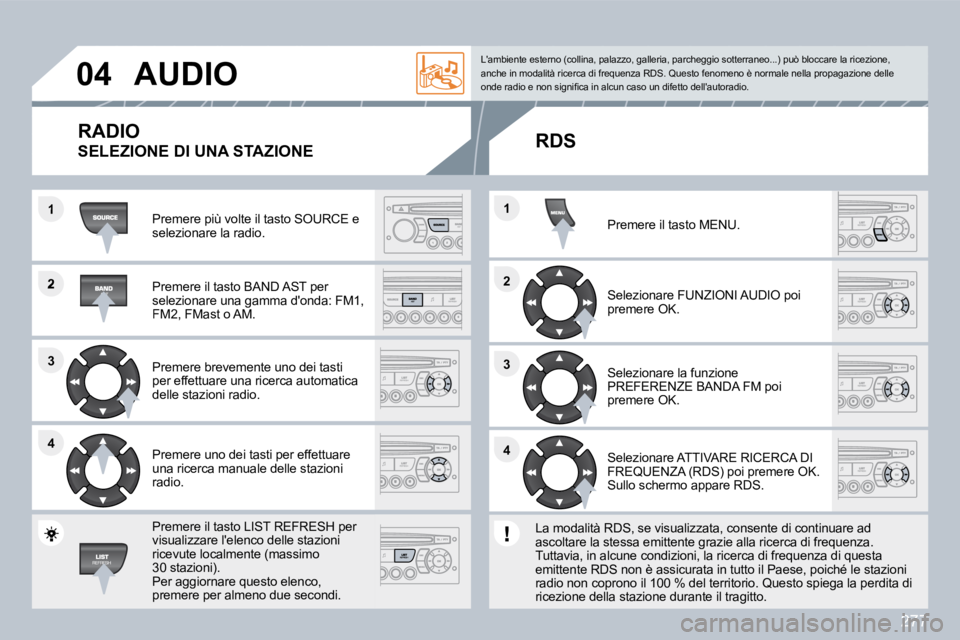 PEUGEOT 3008 2010  Manuale duso (in Italian) 277
�2
�3�3
�4�4
�1
�2�2
�4�4
�3�3
�1�1
�0�4� �A�U�D�I�O� 
� �P�r�e�m�e�r�e� �p�i�ù� �v�o�l�t�e� �i�l� �t�a�s�t�o� �S�O�U�R�C�E� �e� �s�e�l�e�z�i�o�n�a�r�e� �l�a� �r�a�d�i�o�.� � 
� � �P�r�e�m�e�r�e�