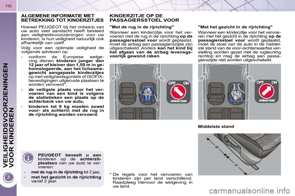 PEUGEOT 3008 2010  Instructieboekje (in Dutch) VEILIGHEIDSVOORZIENINGEN  
VOOR KINDEREN
110
 PEUGEOT   beveelt  u  aan  
kinderen  op  de    achterzit-
plaatsen    van  uw  auto  te  ver-
voeren: 
   -    
met de rug in de rijrichting   tot 2 jaar
