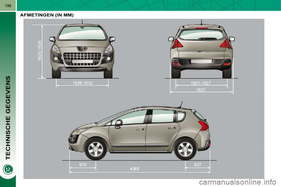 PEUGEOT 3008 2010  Instructieboekje (in Dutch) TECHNISCHE GEGEVENS
198
     AFMETINGEN (IN MM)     