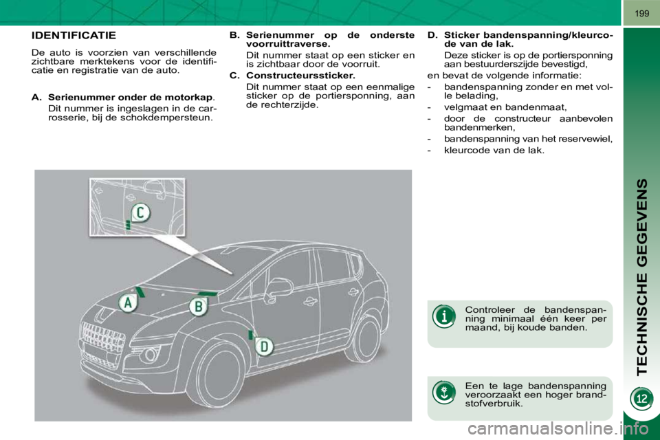 PEUGEOT 3008 2010  Instructieboekje (in Dutch) TECHNISCHE GEGEVENS
199
                   IDENTIFICATIE 
 De  auto  is  voorzien  van  verschillende  
�z�i�c�h�t�b�a�r�e�  �m�e�r�k�t�e�k�e�n�s�  �v�o�o�r�  �d�e�  �i�d�e�n�t�i�ﬁ� �-
catie en regi