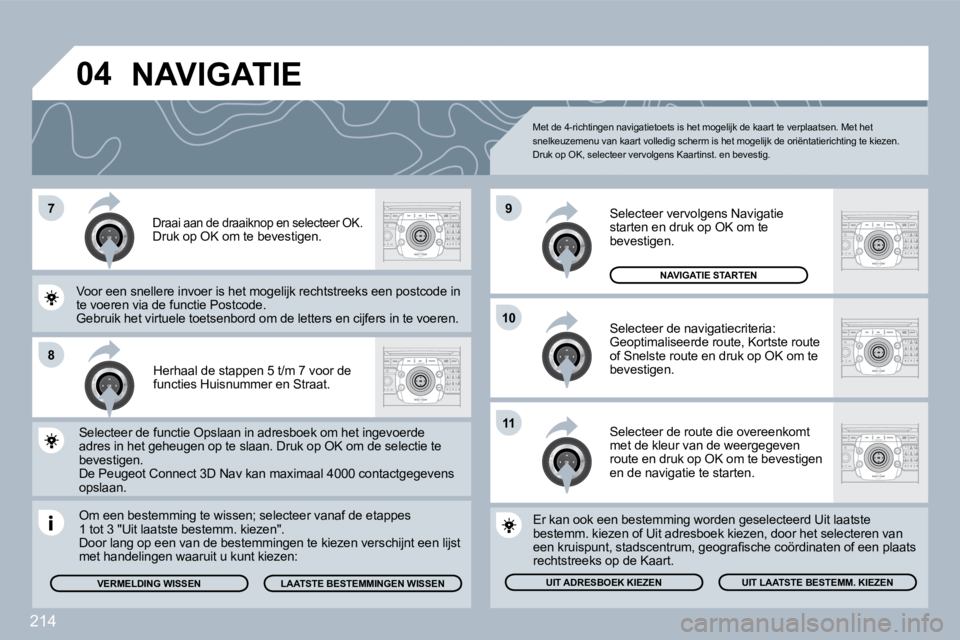 PEUGEOT 3008 2010  Instructieboekje (in Dutch) 214
�7
�8
�1�0
�9
�1�1
�0�4
  Herhaal de stappen 5 t/m 7 voor de functies Huisnummer en Straat.  
  Om een bestemming te wissen; selecteer vanaf de etape etappes 1 tot 3 "Uit laatste bestemm. kiezen".