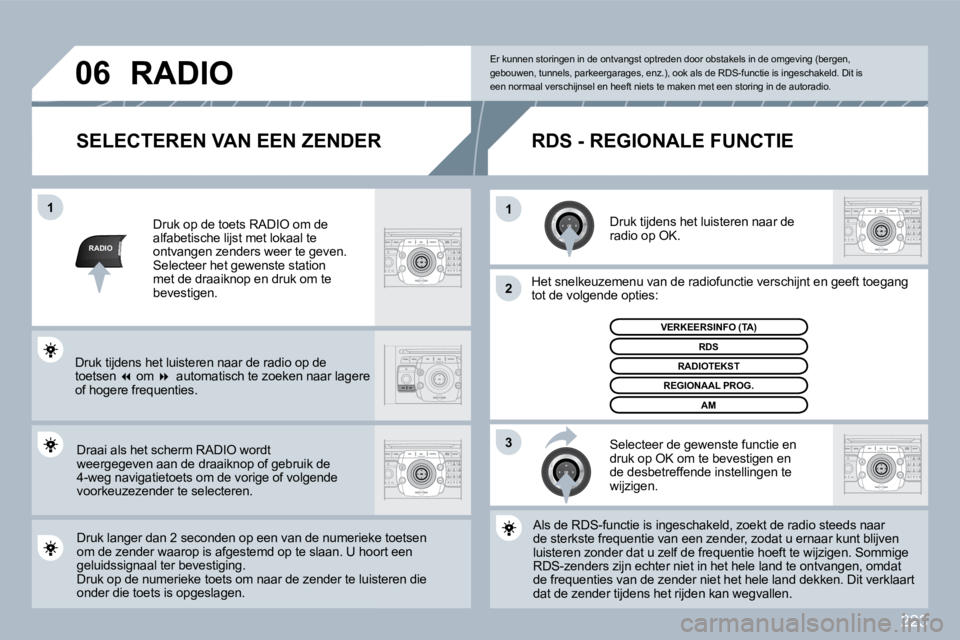 PEUGEOT 3008 2010  Instructieboekje (in Dutch) 223
RADIO
�1�1
�2
3
�0�6
  SELECTEREN VAN EEN ZENDER 
  Druk tijdens het luisteren naar de radio op OK.  
  Het snelkeuzemenu van de radiofunctie verschijnt en ge en geeft toegang tot de volgende opti