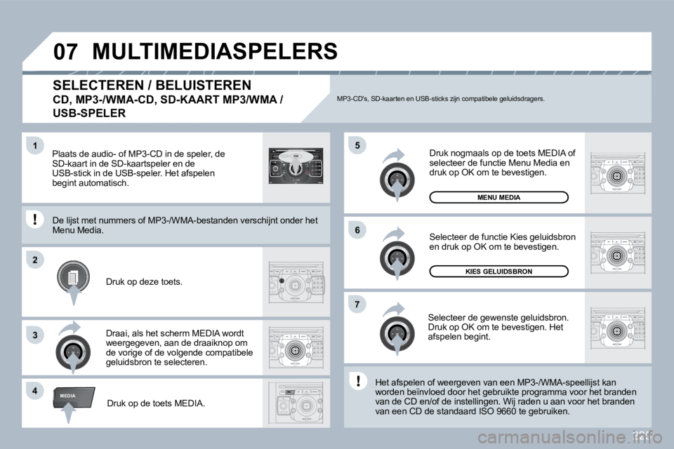 PEUGEOT 3008 2010  Instructieboekje (in Dutch) 225
�4
�5
�6
�2
�7
3
�1
MEDIA
�0�7
2
ABC 3
DEF
5
JKL
4
GHI 6
MNO
8
TUV
7
PQRS 9
WXYZ
0
* #
1
RADIO MEDIA
NAV ESC TRAFFIC
SETUP
ADDRBOOK
  SELECTEREN / BELUISTEREN  
�C�D�,� �M�P�3�-�/�W�M�A�-�C�D�,� �