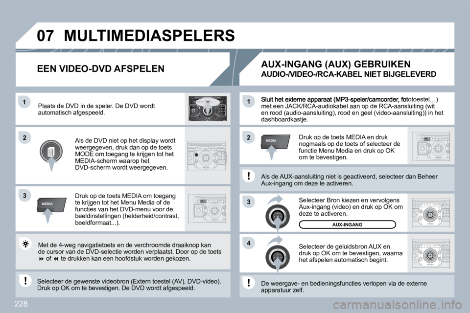 PEUGEOT 3008 2010  Instructieboekje (in Dutch) 228
�1
3
�4
�2�2
3
MEDIA
�1
MEDIA
�0�7
2
ABC 3
DEF
5
JKL
4
GHI 6
MNO
8
TUV
7
PQRS 9
WXYZ
0
* #
1
RADIO MEDIA
NAV ESC TRAFFIC
SETUP
ADDRBOOK� �S�l�u�i�t� �h�e�t� �e�x�t�e�r�n�e� �a�p�p�a�r�a�a�t� �(�M�