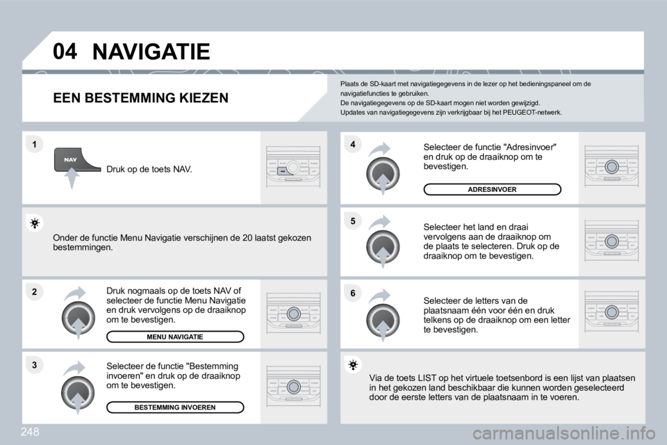 PEUGEOT 3008 2010  Instructieboekje (in Dutch) 248
�1
�2
�3
�5 
�6
�4
�0�4� �N�A�V�I�G�A�T�I�E� 
� � � � � � � � � � � � �E�E�N� �B�E�S�T�E�M�M�I�N�G� �K�I�E�Z�E�N� 
  Druk nogmaals op de toets NAV of selecteer de functie Menu Navigatie en druk ve