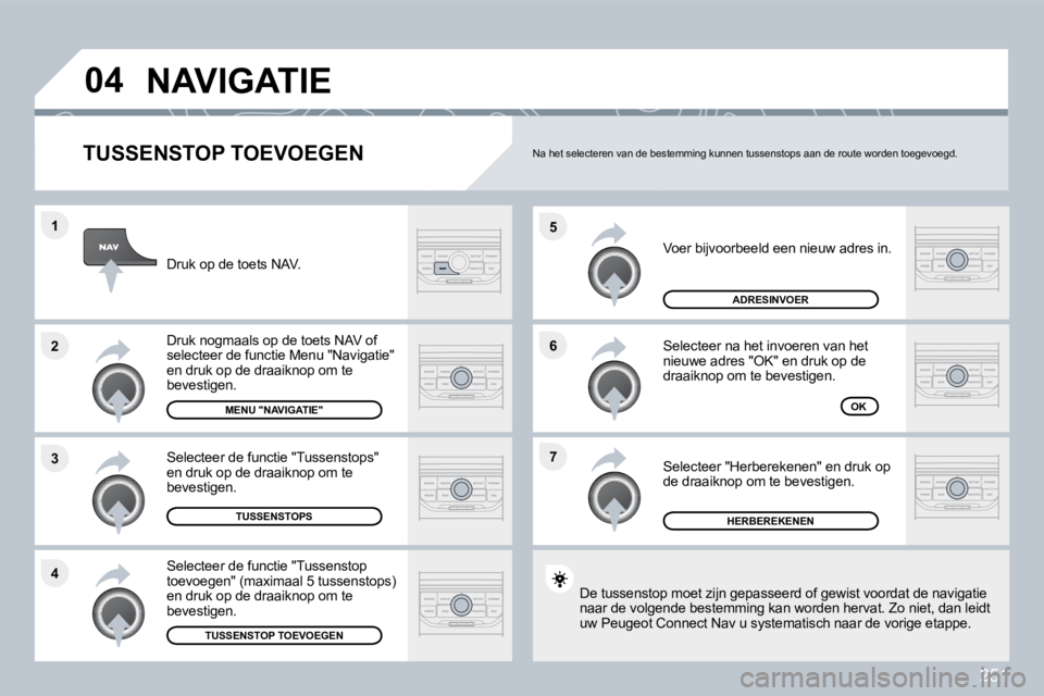 PEUGEOT 3008 2010  Instructieboekje (in Dutch) 251
�7
�6
�5
�4
�3
�2
�1
�0�4
� � �T�U�S�S�E�N�S�T�O�P� �T�O�E�V�O�E�G�E�N� 
 Voer bijvoorbeeld een nieuw adres in. 
 Selecteer na het invoeren van het nieuwe adres "OK" en druk op de draaiknop om te 