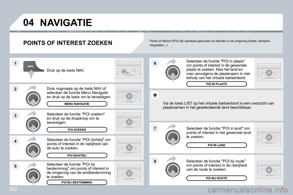 PEUGEOT 3008 2010  Instructieboekje (in Dutch) 252
�8
�6 
�7
�4
�3
�5
�2
�1
�0�4� �N�A�V�I�G�A�T�I�E� 
� � �P�O�I�N�T�S� �O�F� �I�N�T�E�R�E�S�T� �Z�O�E�K�E�N� 
  Druk op de toets NAV.  
  Druk nogmaals op de toets NAV of selecteer de functie Menu 