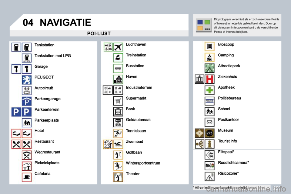 PEUGEOT 3008 2010  Instructieboekje (in Dutch) 253
04 NAVIGATIE 
  POI-LIJST 
  *   A  *   Afhankelijk van beschikbaarheid in het land.  
 Dit pictogram verschijnt als er zich meerdere Points of Interest in hetzelfde gebied bevinden. Door op dit p