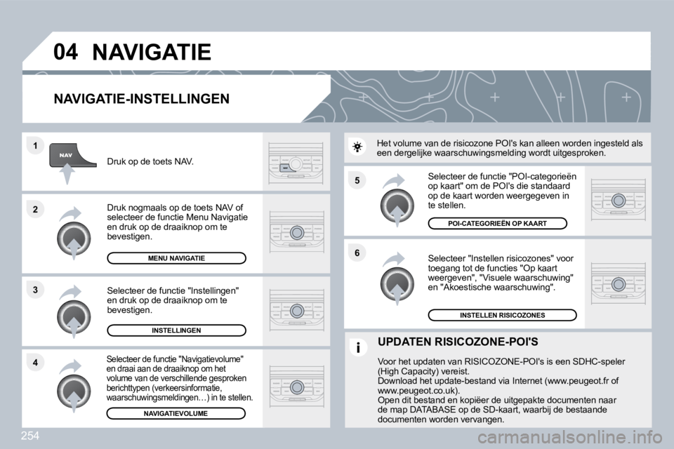 PEUGEOT 3008 2010  Instructieboekje (in Dutch) 254
�5 
�6
�3
�2
�1
�4
�0�4
� � �N�A�V�I�G�A�T�I�E�-�I�N�S�T�E�L�L�I�N�G�E�N� 
  Selecteer "Instellen risicozones" voor toegang tot de functies "Op kaart weergeven", "Visuele waarschuwing" en "Akoesti