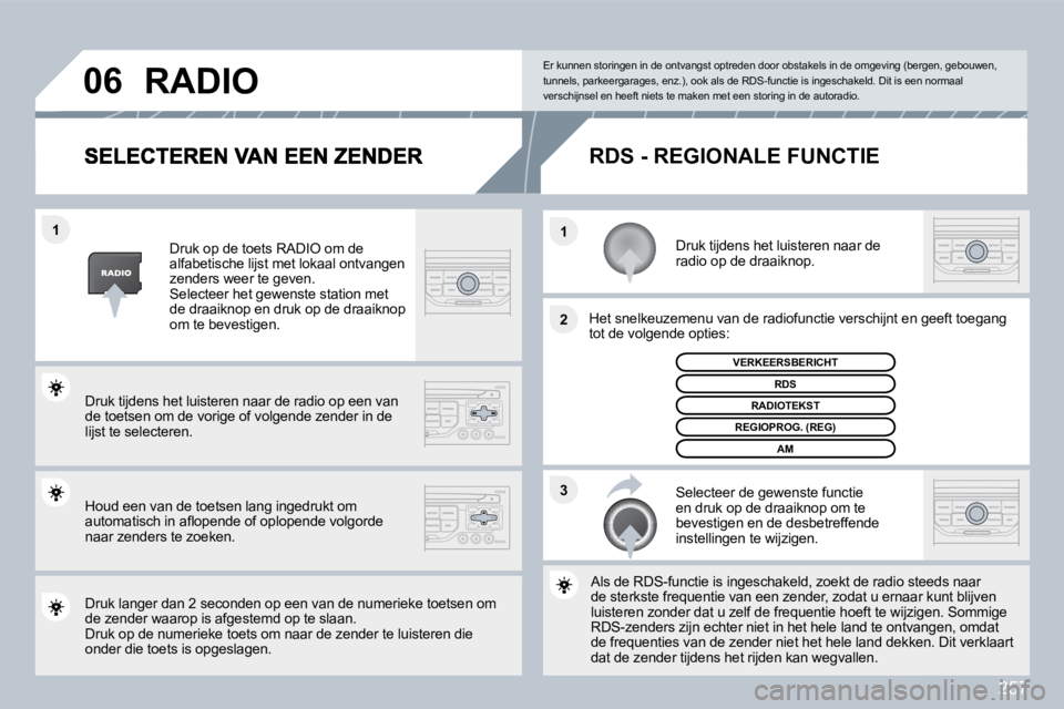 PEUGEOT 3008 2010  Instructieboekje (in Dutch) 257
�3
�2
�1
�1
�0�6
  Druk tijdens het luisteren naar de radio op de draaiknop.  
  Het snelkeuzemenu van de radiofunctie verschijnt 
en ge en geeft toegang tot de volgende opties: 
  Selecteer de ge