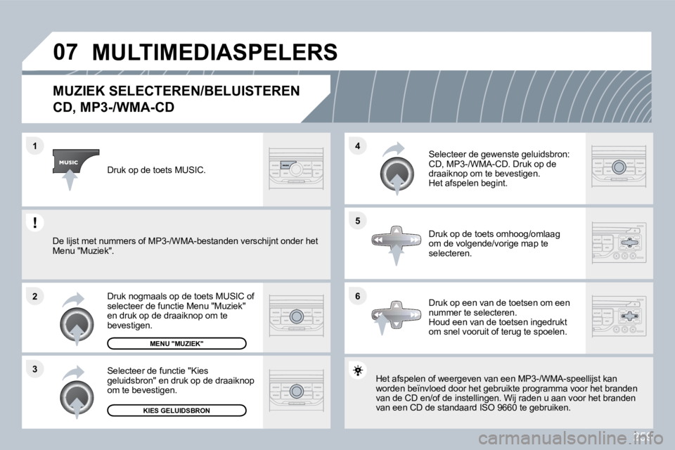 PEUGEOT 3008 2010  Instructieboekje (in Dutch) 259
�0�7
�6
�4 
�5
�3
�2
�1
� � � � � � � � � � �M�U�Z�I�E�K� �S�E�L�E�C�T�E�R�E�N�/�B�E�L�U�I�S�T�E�R�E�N� � 
�C�D�,� �M�P�3�-�/�W�M�A�-�C�D� 
 Het afspelen of weergeven van een MP3-/WMA-speelli
jpee