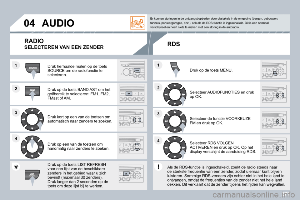 PEUGEOT 3008 2010  Instructieboekje (in Dutch) 277
�2
�3�3
�4�4
�1
�2�2
�4�4
�3�3
�1�1
�0�4� �A�U�D�I�O� 
 Druk herhaalde malen op de toets SOURCE om de radiofunctie te selecteren.  
  Druk op de toets BAND AST om het golfbereik te selecteren: FM1