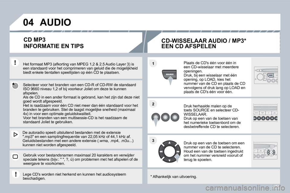 PEUGEOT 3008 2010  Instructieboekje (in Dutch) 279
�0�4
�1�1
�2�2
�3�3
  Het formaat MP3 (afkorting van MPEG 1,2 & 2.5 Audio Audio Layer 3) is een standaard voor het comprimeren van geluid die d e ie de mogelijkheid biedt enkele tientallen speelli