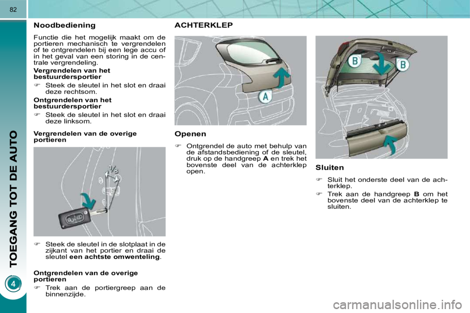 PEUGEOT 3008 2010  Instructieboekje (in Dutch) 82
      Noodbediening 
 Functie  die  het  mogelijk  maakt  om  de  
portieren  mechanisch  te  vergrendelen 
of  te  ontgrendelen  bij  een  lege  accu  of 
in  het  geval  van  een  storing  in  de