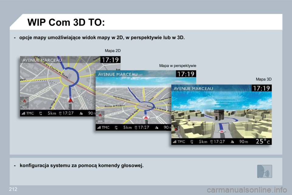 PEUGEOT 3008 2010  Instrukcja obsługi (in Polish) 212
� � � �-� �  � �o�p�c�j�e� �m�a�p�y� �u�m�oG�l�i�w�i�a�j"�c�e� �w�i�d�o�k� �m�a�p�y� �w� �2�D�,� �w� �p�e�r�s�p�e�k�t�y�w�i�e� �l�u�b� �w� �3�D�.� � � 
� � � �-� �  � �k�o�n�ﬁ� �g�u�r�a�c�