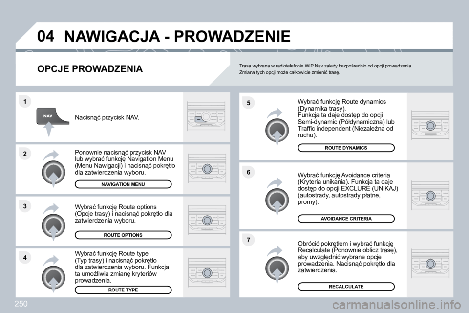 PEUGEOT 3008 2010  Instrukcja obsługi (in Polish) 250
�4
�3
�2
�1
�7
�6
�5
�0�4� �N�A�W�I�G�A�C�J�A� �-� �P�R�O�W�A�D�Z�E�N�I�E� 
� � �O�P�C�J�E� �P�R�O�W�A�D�Z�E�N�I�A� 
� � �W�y�b�r�a�ć� �f�u�n�k�c�j
� �R�o�u�t�e� �d�y�n�a�m�i�c�s� �(�D�y�n�a�m�i