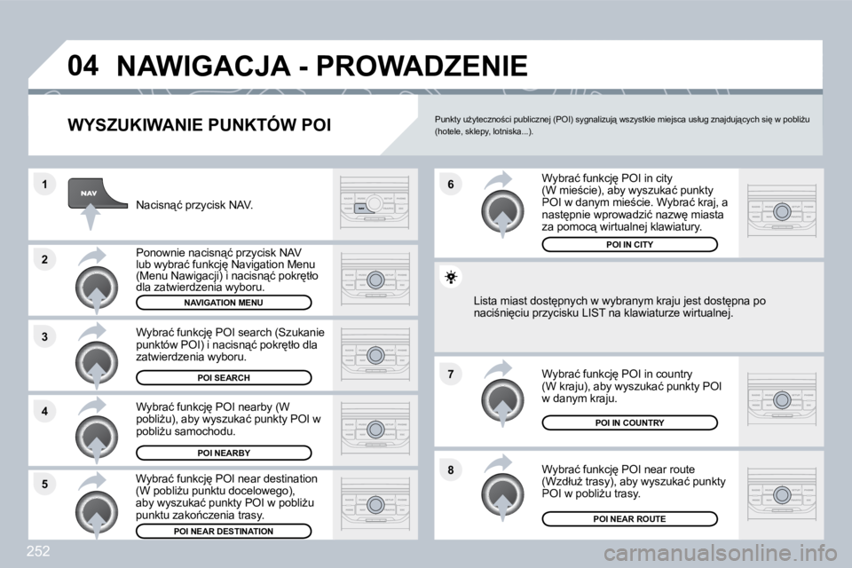 PEUGEOT 3008 2010  Instrukcja obsługi (in Polish) 252
�8
�6 
�7
�4
�3
�5
�2
�1
�0�4� �N�A�W�I�G�A�C�J�A� �-� �P�R�O�W�A�D�Z�E�N�I�E� 
� � �W�Y�S�Z�U�K�I�W�A�N�I�E� �P�U�N�K�T�Ó�W� �P�O�I� 
� � �N�a�c�i�s�n"�ć� �p�r�z�y�c�i�s�k� �N�A�V�.� � 
� 