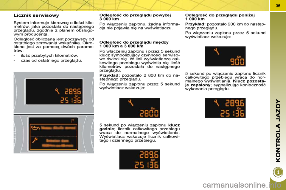 PEUGEOT 3008 2010  Instrukcja obsługi (in Polish)  L i c z n i k   s e r w i s o w y  
   S y s t e m   i n f o r m u j e   k i e r o w c
   o   i l o; c i   k i l o - 
 m e t r ó w ,    j a k a    p o z o s t a ł a    d o    n a s t
 p n e g o 