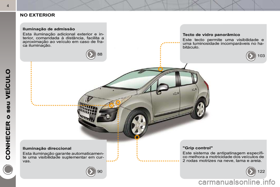 PEUGEOT 3008 2010  Manual de utilização (in Portuguese) 4
 NO EXTERIOR  
  Iluminação de admissão  
 Esta  iluminação  adicional  exterior  e  in- 
terior,  comandada  à  distância,  facilita  a 
aproximação ao veículo em caso de fra-
ca ilumina�