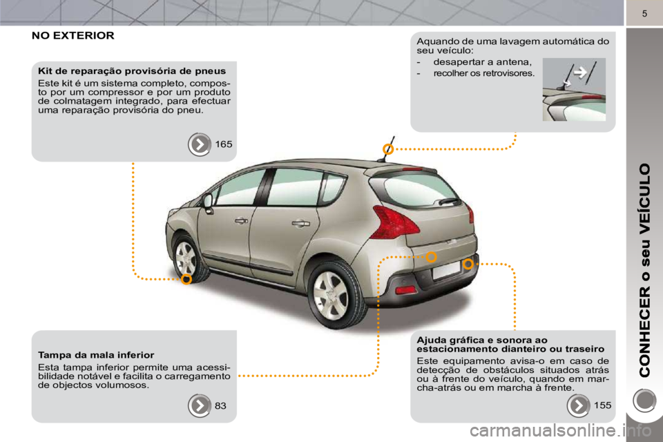 PEUGEOT 3008 2010  Manual de utilização (in Portuguese) 5
 NO EXTERIOR  
  Kit de reparação provisória de pneus  
 Este kit é um sistema completo, compos- 
to  por  um  compressor  e  por  um  produto 
de  colmatagem  integrado,  para  efectuar 
uma re