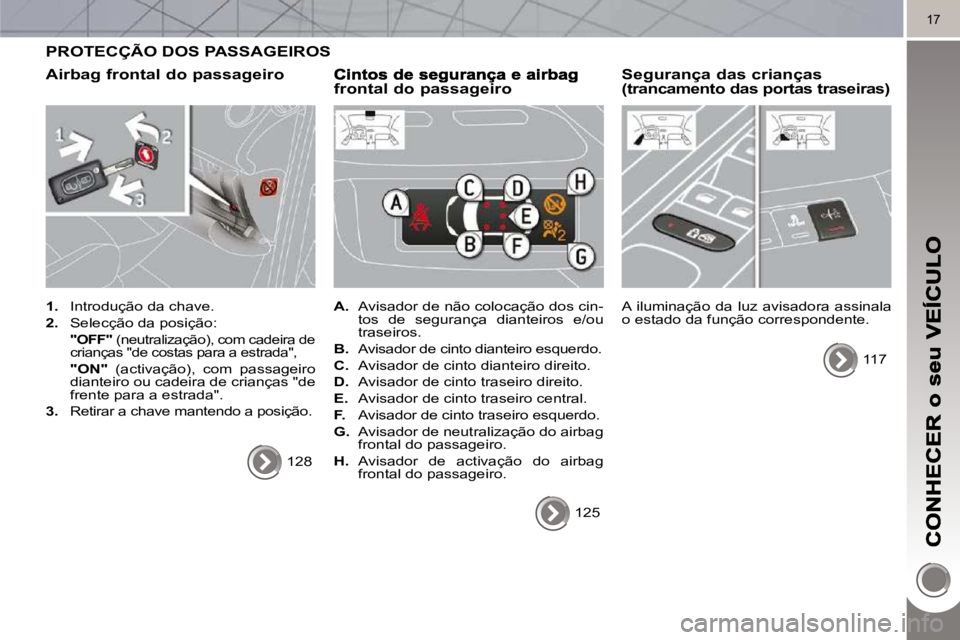 PEUGEOT 3008 2010  Manual de utilização (in Portuguese) 17
 PROTECÇÃO DOS PASSAGEIROS 
  Airbag frontal do passageiro 
   
1.    Introdução da chave. 
  
2.    Selecção da posição:  
   "OFF"   (neutralização), com cadeira de 
crianças "de costa