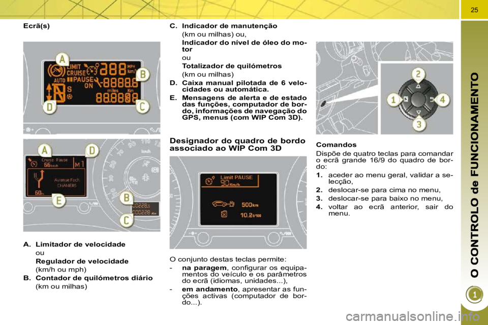 PEUGEOT 3008 2010  Manual de utilização (in Portuguese) 25
  Ecrã(s) 
        Designador do quadro de bordo associado ao WIP Com 3D 
 O conjunto destas teclas permite:  
   -    na  paragem � �,�  �c�o�n�ﬁ� �g�u�r�a�r�  �o�s�  �e�q�u�i�p�a�-
mentos do v
