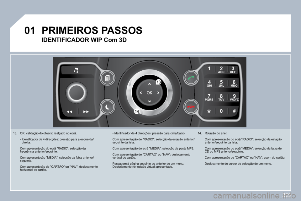PEUGEOT 3008 2010  Manual de utilização (in Portuguese) 205
�0�1
2
ABC 3
DEF
5
JKL
4
GHI 6
MNO
8
TUV
7
PQRS 9
WXYZ
0
* #
1
�1�3
�1�4
  13.   OK: validação do objecto realçado no ecrã  .
�  �-� � �I�d�e�n�t�i�ﬁ� �c�a�d�o�r� �d�e� �4� �d�i�r�e�c�ç�õ�