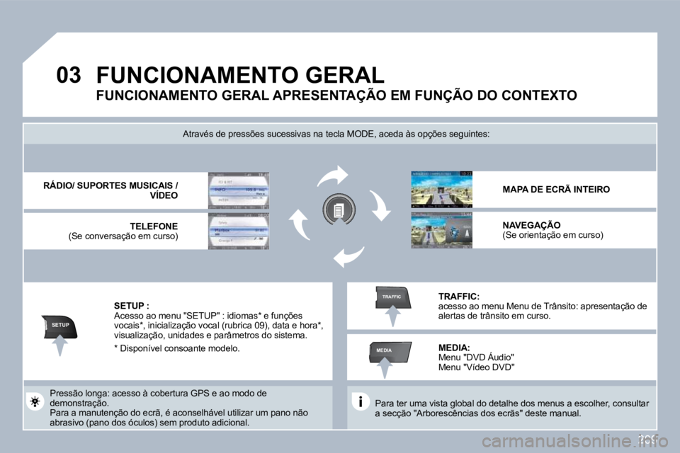 PEUGEOT 3008 2010  Manual de utilização (in Portuguese) 209
�0�3
SETUP
MEDIA
TRAFFIC
 FUNCIONAMENTO GERAL 
  Para ter uma vista global do detalhe dos menus a escolher, consultar a secção "Arborescências dos ecrãs" deste manual.    
� �A�t�r�a�v�é�s� �