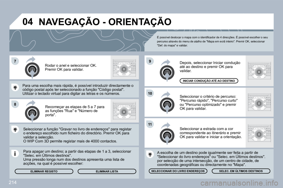 PEUGEOT 3008 2010  Manual de utilização (in Portuguese) 214
�7
�8
�1�0
�9
�1�1
�0�4
  Recomeçar as etapas de 5 a 7 para �a�s� �f�u�n�ç�õ�e�s� �"�R�u�a�"� �e� �"�N�ú�m�e�r�o� �d�e� porta".  
  Para apagar um destino; a partir das etapas de 1