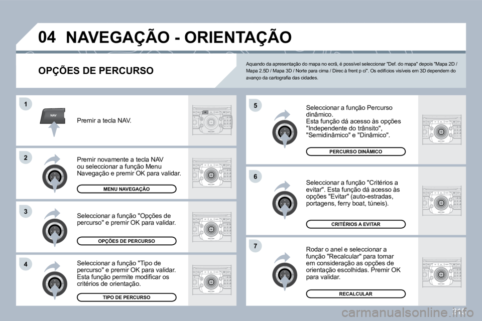 PEUGEOT 3008 2010  Manual de utilização (in Portuguese) 215
NAV
�0�4
�5
�6
�7
�1
�2
3
�4
 NAVEGAÇÃO - ORIENTAÇÃO 
  OPÇÕES DE PERCURSO 
  Seleccionar a função Percurso �d�i�n�â�m�i�c�o�.�  Esta função dá acesso às opções �"�I�n�d�e�p�e�n
