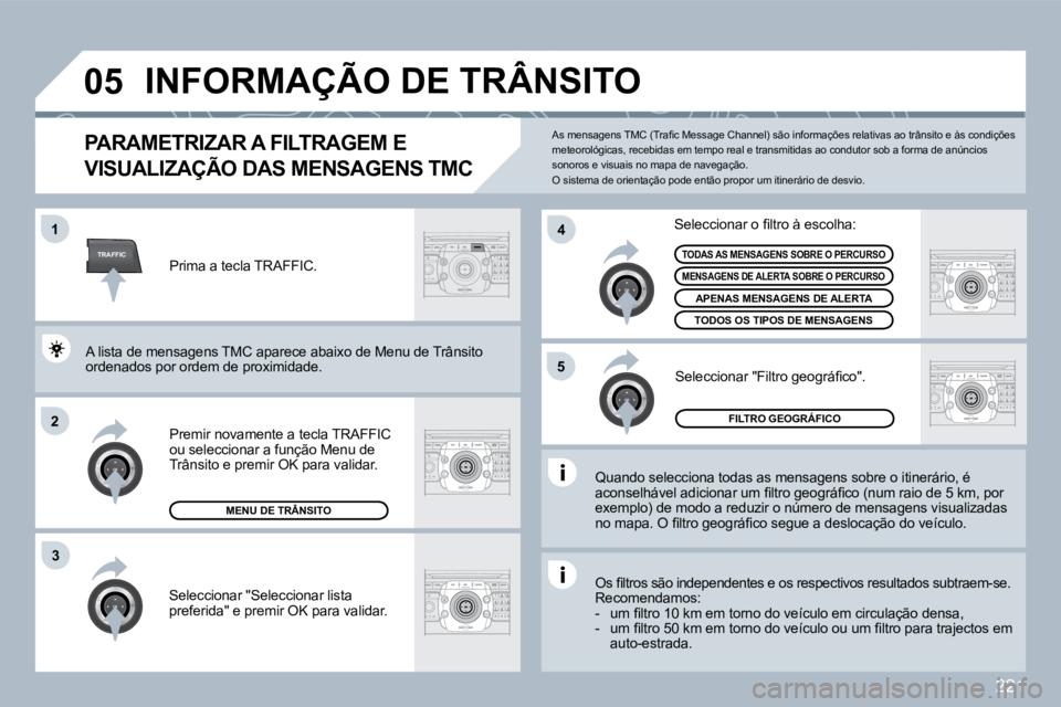 PEUGEOT 3008 2010  Manual de utilização (in Portuguese) 221
TRAFFIC
�0�5
�1
�2
�4
�5
3
 INFORMAÇÃO DE TRÂNSITO 
        PARAMETRIZAR A FILTRAGEM E 
VISUALIZAÇÃO DAS MENSAGENS TMC 
  Quando selecciona todas as mensagens sobre o itinerário, é �a�c�o�n