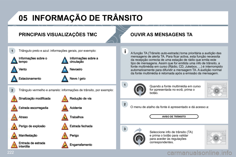 PEUGEOT 3008 2010  Manual de utilização (in Portuguese) 222
�0�5
�2
�1
3
�2
�1
 INFORMAÇÃO DE TRÂNSITO 
      PRINCIPAIS VISUALIZAÇÕES TMC 
� � �T�r�i�â�n�g�u�l�o� �v�e�r�m�e�l�h�o� �e� �a�m�a�r�e�l�o�:� �i�n�f�o�r�m�a�ç�õ�e�s� �d�e� �t�r�â�n
�s�i
