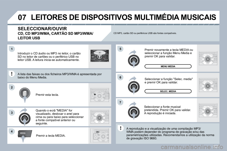 PEUGEOT 3008 2010  Manual de utilização (in Portuguese) 225
�4
�5
�6
�2
�7
3
�1
MEDIA
�0�7
2
ABC 3
DEF
5
JKL
4
GHI 6
MNO
8
TUV
7
PQRS 9
WXYZ
0
* #
1
RADIO MEDIA
NAV ESC TRAFFIC
SETUP
ADDRBOOK
  SELECCIONAR/OUVIR  
�C�D�,� �C�D� �M�P�3�/�W�M�A�,� �C�A�R�T�