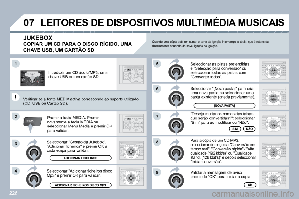 PEUGEOT 3008 2010  Manual de utilização (in Portuguese) 226
2
ABC 3
DEF
5
JKL
4
GHI 6
MNO
8
TUV
7
PQRS 9
WXYZ
0
* #
1
RADIO MEDIA
NAV ESC TRAFFIC
SETUP
ADDRBOOK
�1
�2
3
�4
�5
�6
�7
�8
�9
MEDIA
�0�7
� � �S�e�l�e�c�c�i�o�n�a�r� �"�G�e�s�t�ã�o� �d�a� �J�