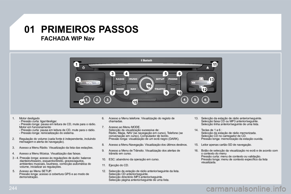 PEUGEOT 3008 2010  Manual de utilização (in Portuguese) 244
�0�1
�1�1
�5�5
�1�0�1�0
�2�2
�3�3�4�4�6�6
�1�3�1�3
�1�1�1�1
�9�9
�1�4�1�4�1�5�1�5
�7�7�8�8�1�2�1�2�1�6�1�6
   1.   Motor desligado    - Pressão curta: ligar/desligar.    - Pressão longa: pausa e