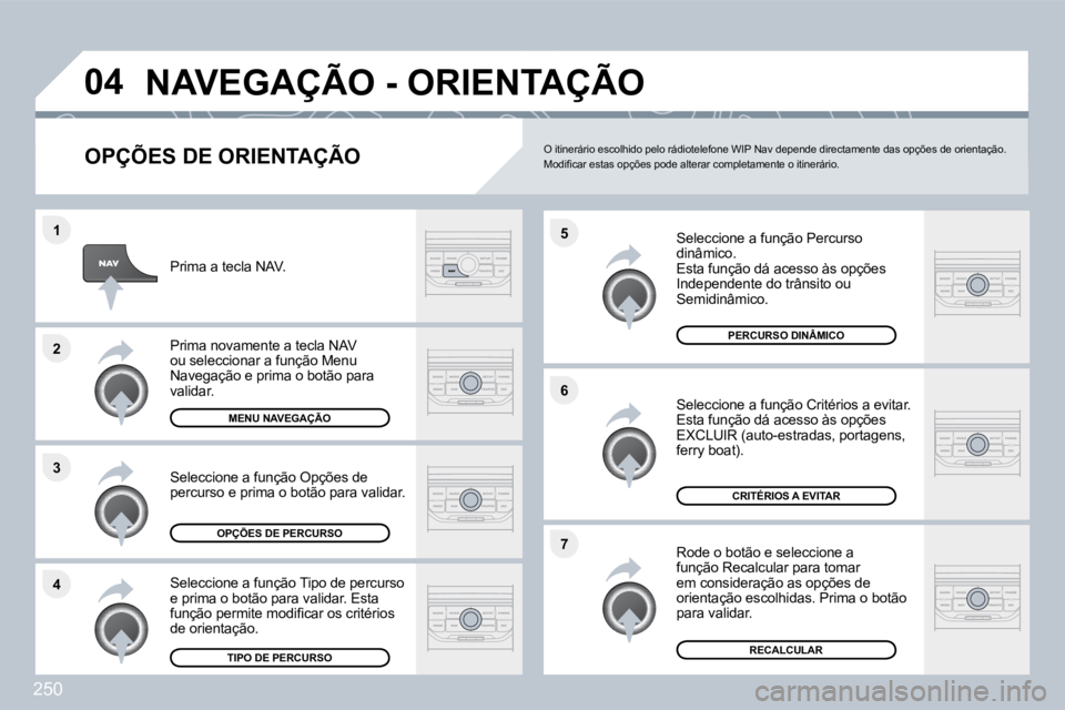 PEUGEOT 3008 2010  Manual de utilização (in Portuguese) 250
�4
�3
�2
�1
�7
�6
�5
�0�4� �N�A�V�E�G�A�Ç�Ã�O� �-� �O�R�I�E�N�T�A�Ç�Ã�O� 
� � �O�P�Ç�Õ�E�S� �D�E� �O�R�I�E�N�T�A�Ç�Ã�O� 
  Seleccione a função Percurso dinâmico.  Esta função dá aces