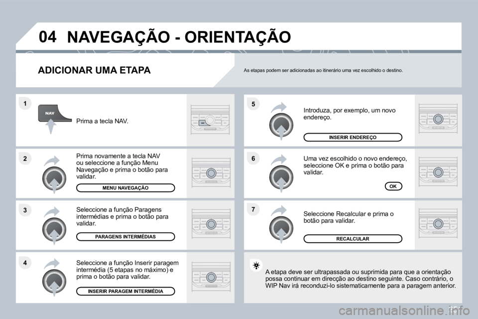 PEUGEOT 3008 2010  Manual de utilização (in Portuguese) 251
�7
�6
�5
�4
�3
�2
�1
�0�4
� � �A�D�I�C�I�O�N�A�R� �U�M�A� �E�T�A�P�A� 
 Introduza, por exemplo, um novo endereço. 
 Uma vez escolhido o novo endereço, seleccione OK e prima o botão para validar