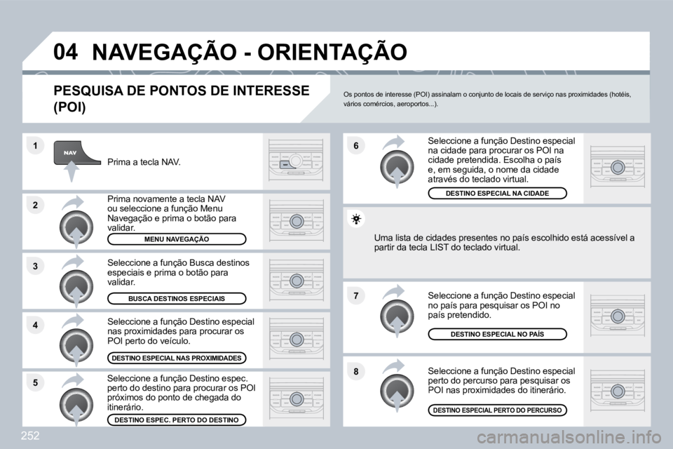 PEUGEOT 3008 2010  Manual de utilização (in Portuguese) 252
�8
�6 
�7
�4
�3
�5
�2
�1
�0�4� �N�A�V�E�G�A�Ç�Ã�O� �-� �O�R�I�E�N�T�A�Ç�Ã�O� 
� � �P�E�S�Q�U�I�S�A� �D�E� �P�O�N�T�O�S� �D�E� �I�N�T�E�R�E�S�S�E� 
�(�P�O�I�)� 
  Prima a tecla NAV.  
  Prima n