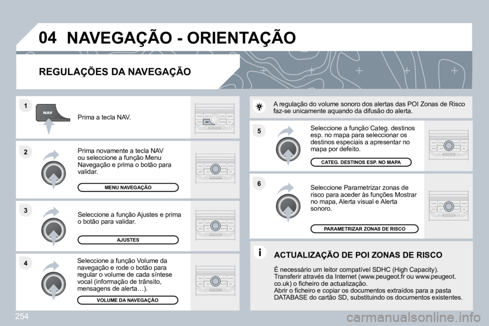 PEUGEOT 3008 2010  Manual de utilização (in Portuguese) 254
�5 
�6
�3
�2
�1
�4
�0�4
� � �R�E�G�U�L�A�Ç�Õ�E�S� �D�A� �N�A�V�E�G�A�Ç�Ã�O� 
  Seleccione Parametrizar zonas de risco para aceder às funções Mostrar no mapa, Alerta visual e Alerta sonoro. 