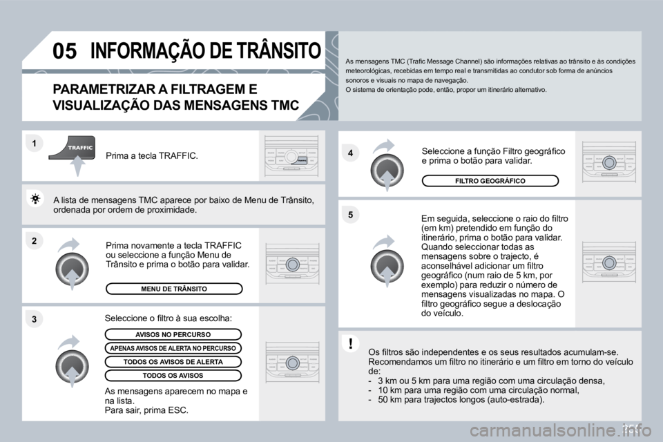 PEUGEOT 3008 2010  Manual de utilização (in Portuguese) 255
�2
�1
�3 �4
�5
�0�5� �I�N�F�O�R�M�A�Ç�Ã�O� �D�E� �T�R�Â�N�S�I�T�O� 
� � � � � � � � �P�A�R�A�M�E�T�R�I�Z�A�R� �A� �F�I�L�T�R�A�G�E�M� �E� 
�V�I�S�U�A�L�I�Z�A�Ç�Ã�O� �D�A�S� �M�E�N�S�A�G�E�N�S